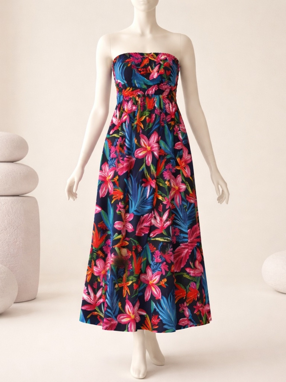 Absolutely Girls Black Strapless Floral Maxi Dress with Pink & Blue Accents